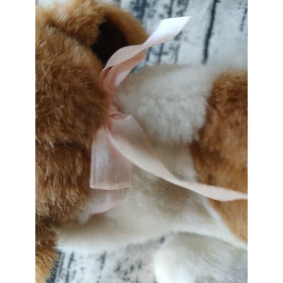 vtg Baby Beagle Dog Plush Beanbag Soft Stuffed Toy 8in Brown White Pink Bow - Picture 3 of 6